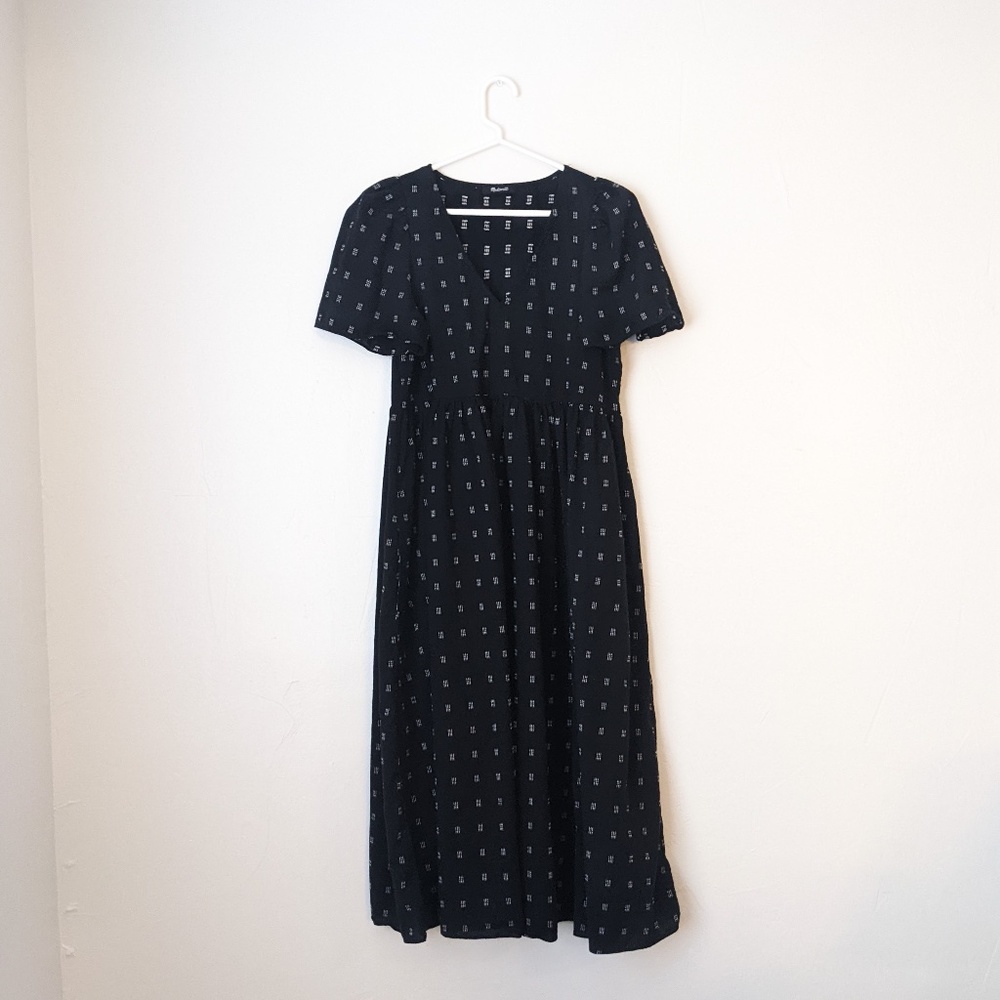 Dobby Puff-Sleeve V-Neck Midi Dress in Black